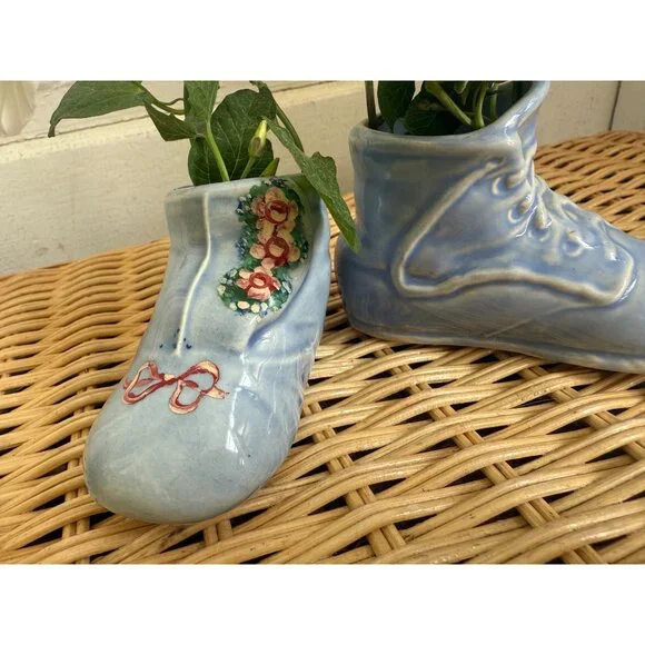 Vintage 50's Blue Shoe Pair Planter Vases Hand Painted Roses - Picture 7 of 13